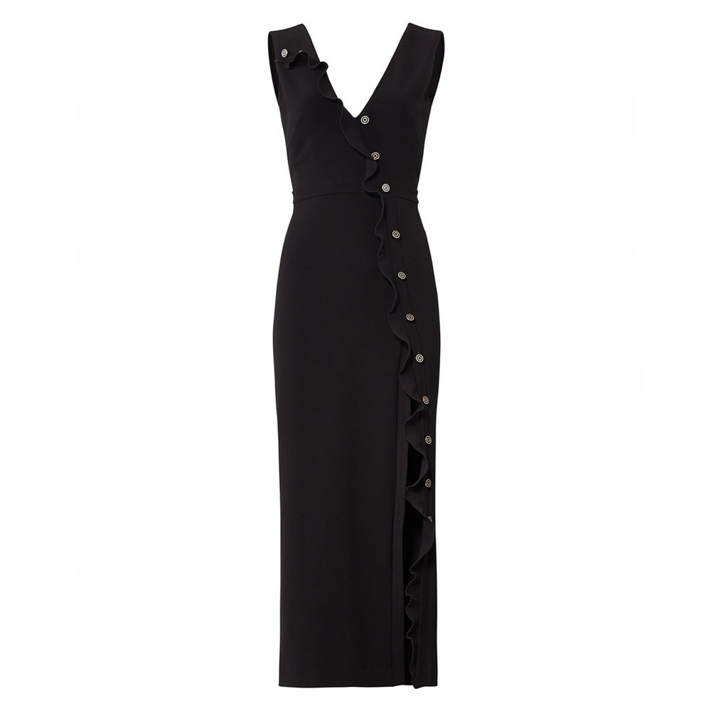 SALONI Marley Button-Embellished Ruffle Midi Dress in Black Size 2 Slit Elegant - Picture 9 of 15